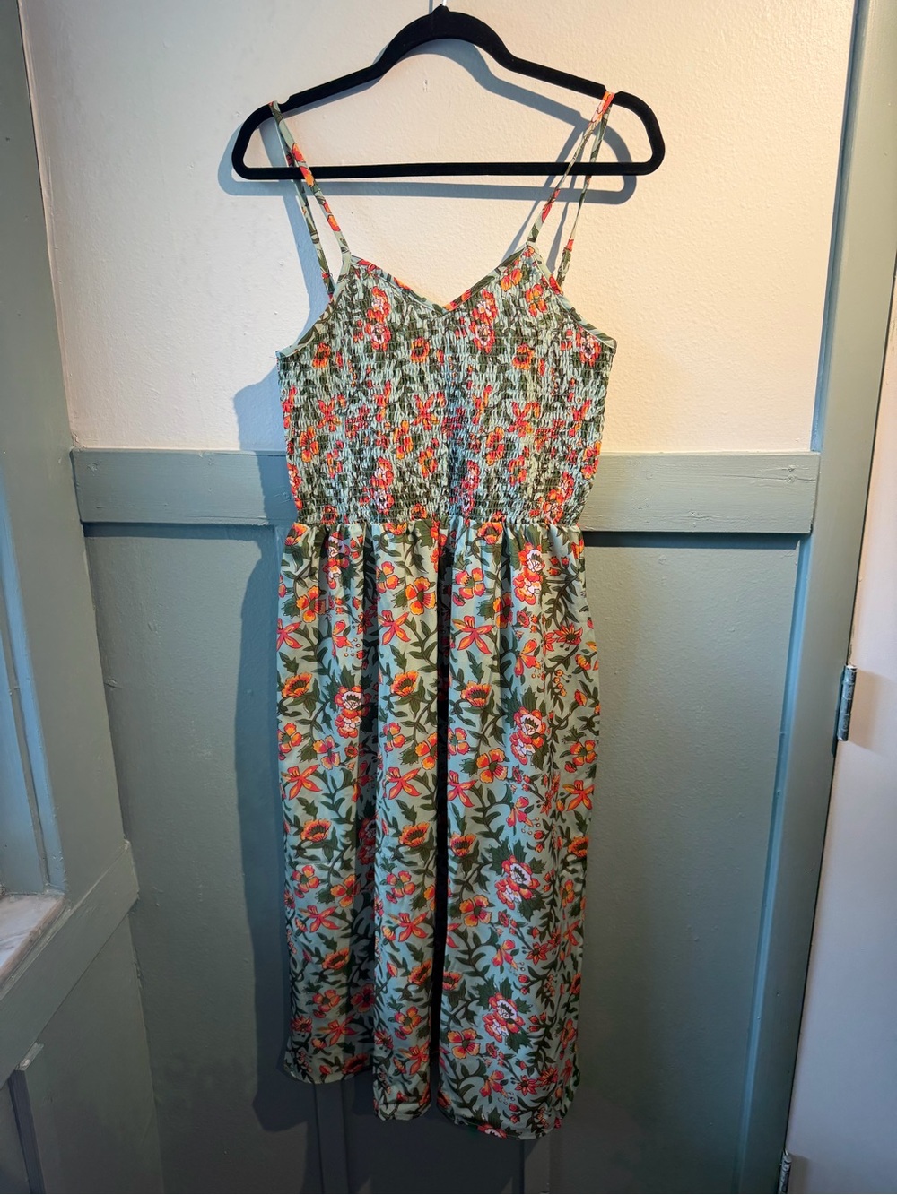 Sage Floral Smocked Midi Dress with Coral Blooms